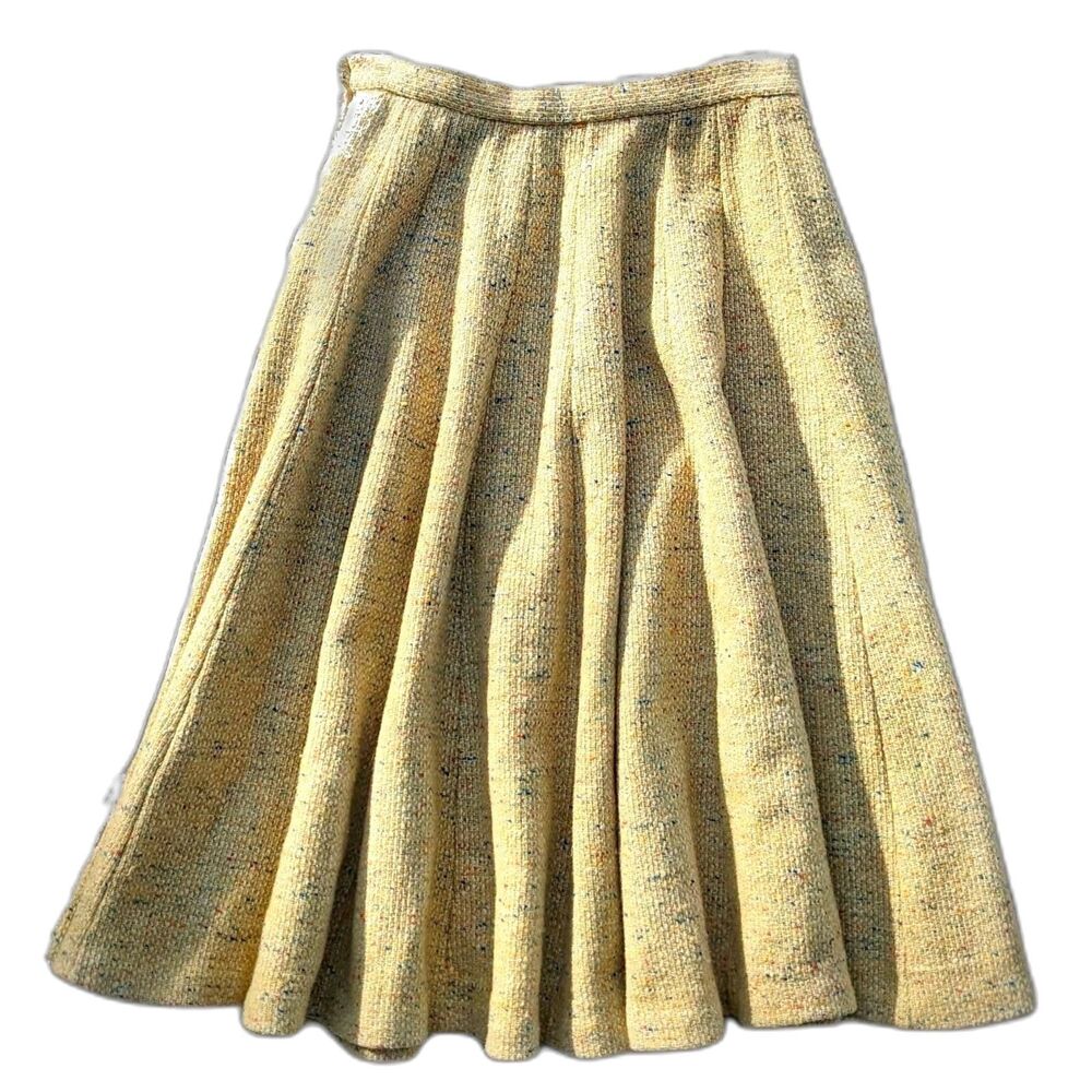 VINTAGE 50s 100% Wool Yellow Dotted Tweed Bouclé 3/4 Circle Swing Skirt Sz XS